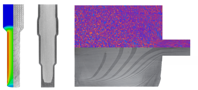 Material flow in extrusion (left) and extrusion (right)